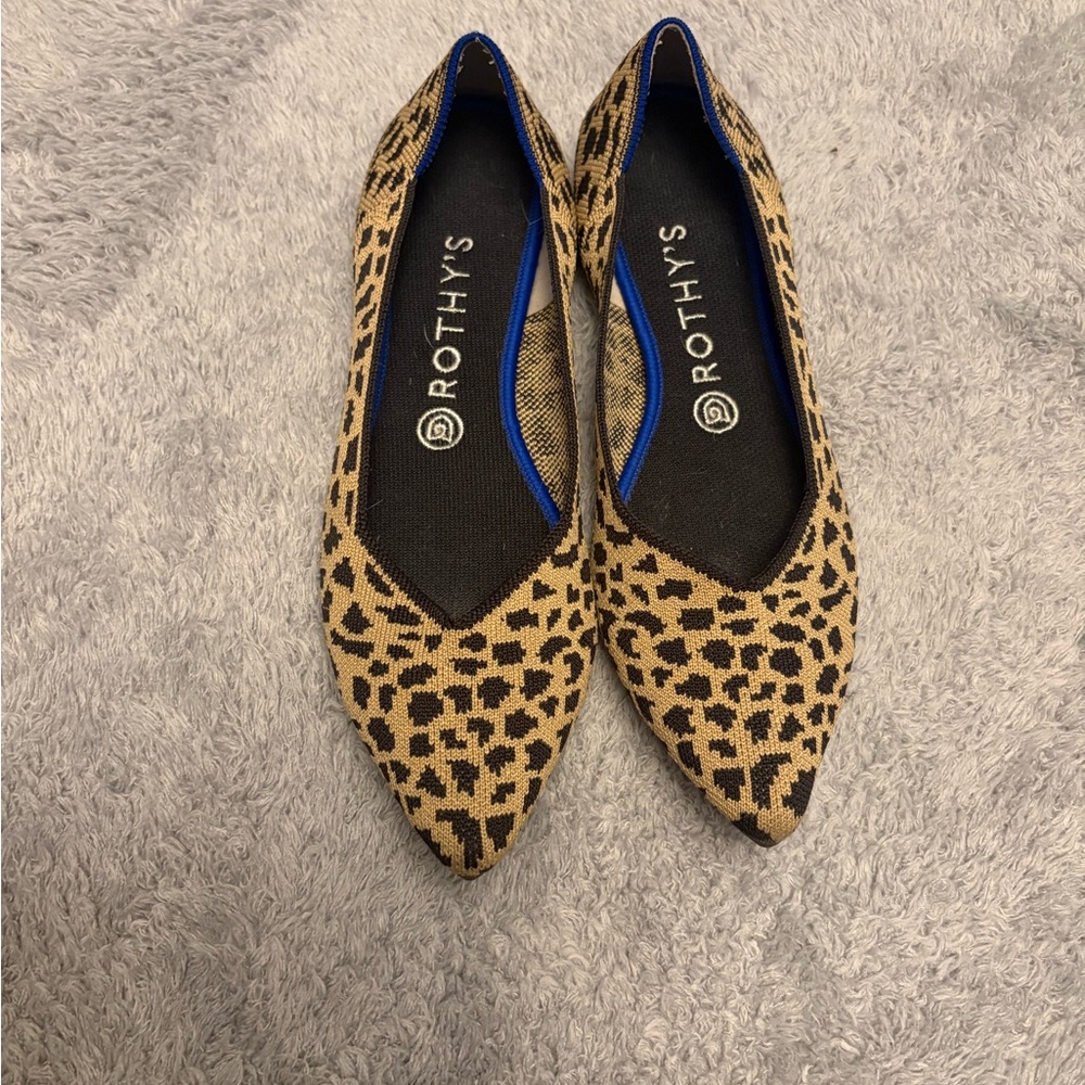 Rothy's Leopard Knit Pointed Flats with Blue Trim